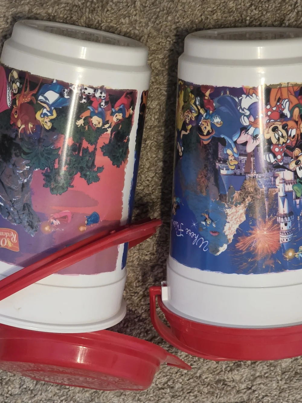 Lot Of TWO Disney Characters Popcorn Buckets With Red Lids And Handles
